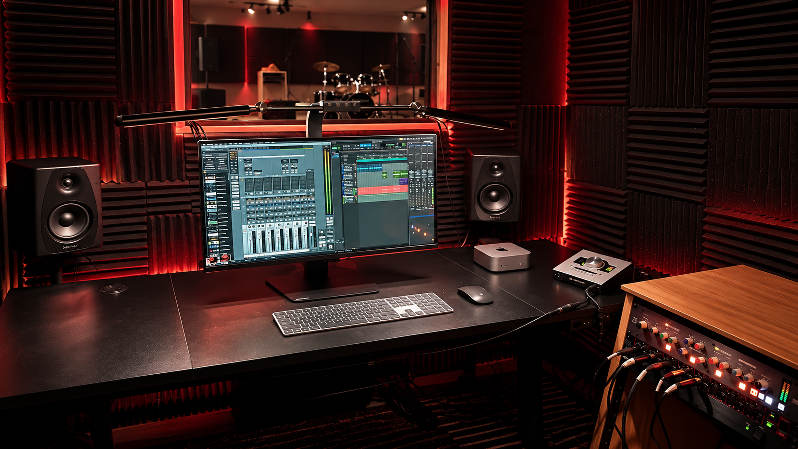 Onda studio recording workstation, speakers and live room